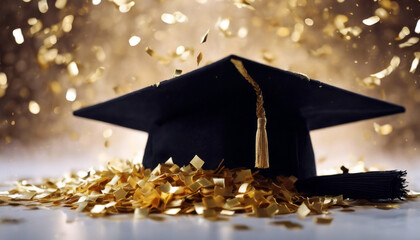 confetti place golden Mortarboard text hat cup final campus banner graduating young learning intelligence educate educational prof high study cognition board achievement morta