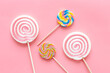 Food pattern. Many colorful lollipops. Sweet food and candies background