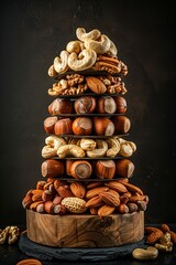 Wall Mural - A towering arrangement of various nuts on a wooden surface with a dark background.
