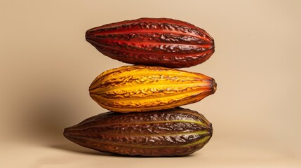 Three colorful cacao pods arranged in a balanced stack on a beige background.