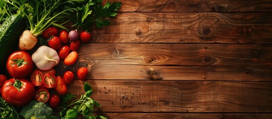 Wall Mural - Fresh organic raw vegetables displayed on a wooden tabletop, seen from above. Healthy food backdrop with space for text.