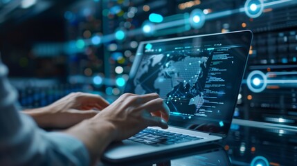 Poster - Internet technology programmer in data center close-up analysis verification effectiveness data security measures in cloud environment, in order to ensure their optimal performance. Futuristic style