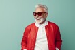 © Markus Schröder - Portrait of a cheerful elderly man in his 90s wearing a trendy bomber jacket isolated in plain white digital canvas