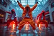 © Larisa AI - A group of street dancers performs dynamic moves in vibrant red and neon lights reflecting on wet ground at night