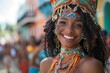 A vibrant carnival participant smiles joyfully at the camera wearing traditional beaded headdress and jewelry