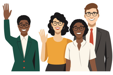 Wall Mural - Group of happy people standing together, waving and inviting new customer, colleague. Concept of happy multiethnic team welcome newcomer. Flat vector cartoon illustration isolated on white