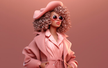 Wall Mural - 3d rendering or doll of a fashionable African American woman with an afro hairstyle. Stylish model in a pink hat, coat and sunglasses. AI generated.