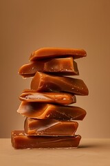 Sticker - Stack of caramel chocolate bars with a melting piece on beige background