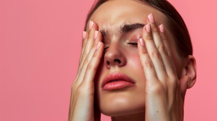 Wall Mural - Detailed shot of fingers pressing into a temple during a headache, against a soft pink background, photorealistic.