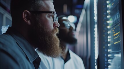 Aufkleber - Two male IoT specialists in the data center combine their knowledge and skills to improve the network infrastructure and ensure the highest level of data security in the data center