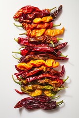 Wall Mural - A vibrant collection of various colorful chili peppers arranged on a white background