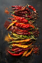 Wall Mural - Assortment of vibrant red, yellow and green chili peppers on a dark surface