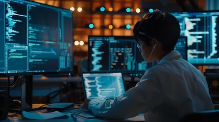 Poster - In the IT data center, the manager is responsible for developing and implementing data protection strategies, ensuring the security and confidentiality of information while working at a computer