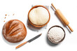 Bread, dough, flour and rolling pin isolated