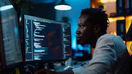 Wall Mural - Focused African male software developer coding on multiple screens in modern office workspace