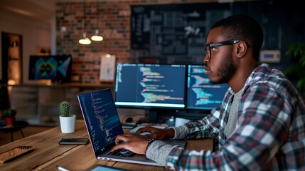 Aufkleber - An online specialist in a data center actively analyzes and verifies the effectiveness of data protection measures, using his laptop for programming and data analysis. African-American appearance