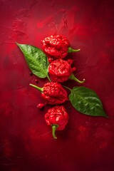 Sticker - A vibrant composition of red Carolina Reaper chili peppers and green leaves on a red background.