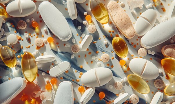 Close up shot of pile of different pills of food supplement
