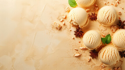 Wall Mural - Scoops of vanilla ice cream with star anise and mint on a creamy background