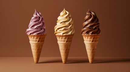 Wall Mural - Three varieties of soft serve ice cream in waffle cones on a brown background