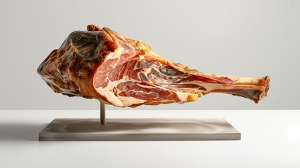 Wall Mural - A whole cured ham on a stand against a neutral background, showcasing its texture.