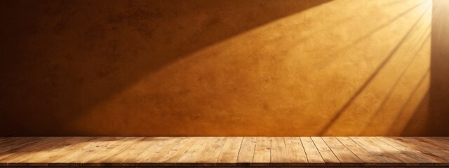 Wall Mural - Orange cement wall and wooden floor in an empty room background. Empty dark orange concrete interior background banner.