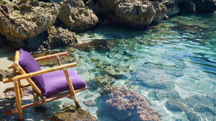 Wall Mural - Inviting bamboo beach chair with purple fabric, next to a rock pool, vibrant coral visible in clear water, bright daylight, high-definition photography texture.