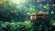 Vibrant and colorful HD wallpaper showcasing a pot of gold adorned with a chic bow tie and surrounded by lucky clover leaves