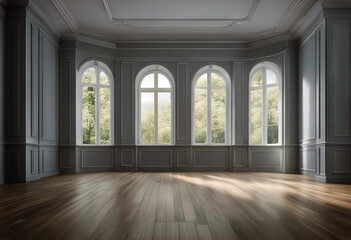 Canvas Print - window room 3d there white gray rooms floors out walls render looking classical decorate style balcony wooden nature Empty moulding have scandinavian vintage classic new space