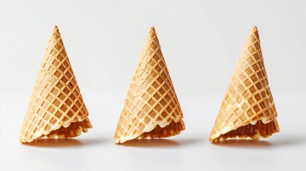 Wall Mural - Three empty waffle cones for ice cream isolated on a white background