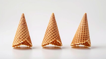 Sticker - Three empty ice cream cones standing upright on a white background