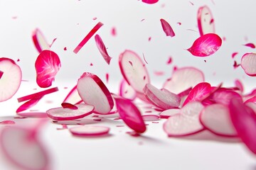 Colorful radish slices falling and scattering on a white background