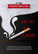 Image of cigarette with world no tobacco day wording in 3d and paper cut style on giant smoke and world map on black background.