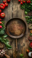 Sticker - A rustic culinary scene with an empty pan surrounded by fresh vegetables and spices.