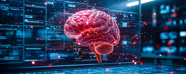 Poster - Doctor Reviewing AI Brain Scans, Futuristic Medical Technology with Virtual Interface and Robotic Assistant in Laboratory Setting