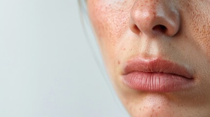 Macro view of a pained expression focusing on furrowed lips, against a stark white backdrop, in a realistic style.