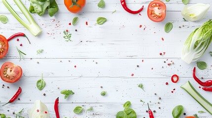 Wall Mural - Fresh vegetables and herbs scattered artistically on a white wooden background