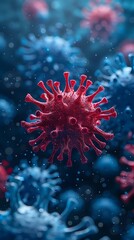 Poster - Unique Red Virus Amidst Blue Ones Symbolizing Genetic Diversity and Evolution in 3D Render