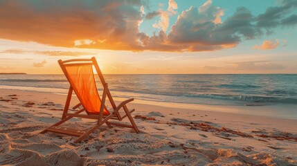 Wall Mural - Solo bamboo beach chair with orange fabric, set apart on a long stretch of sandy beach, minimal human presence, sunset vibes, high-definition