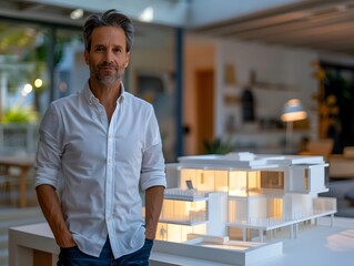 Poster - real estate agent presenting futuristic 3d rendered model of modern homes and property solutions in 