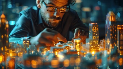 Poster - Visionary Businessman Envisioning the Future of Urban Development through Holographic Modeling