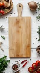 Wall Mural - A wooden cutting board surrounded by fresh vegetables, herbs and spices on a white table.