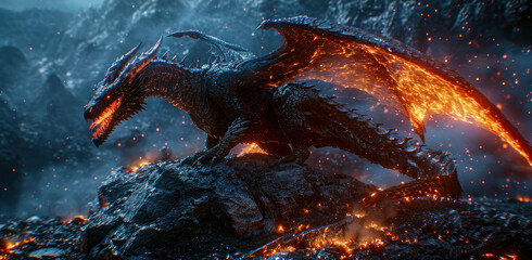 Wall Mural - Angry evil dragon with red eyes and fire flames.