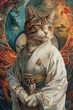 A regal martial arts cat in a white kimono commands attention amidst a vivid yin yang background, bursting with color , up32K HD