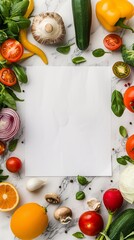  A variety of fresh vegetables and fruits arranged around a blank white sheet.