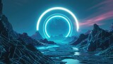 Fototapeta  - Neo tech background with neon circle on wireframe landscape. Modern illustration of y2k style banner, retro wave black and blue gradient grid mountains, synthwave light frame design