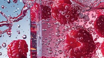 Poster -   A glass filled with raspberries floating, bottom bearing bubbles, water droplets