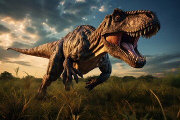 Wall Mural - dinosaur stands in prehistoric environment. photorealistic.