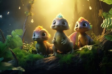 Wall Mural - cute baby dinosaur in prehistoric forest. photorealistic.
