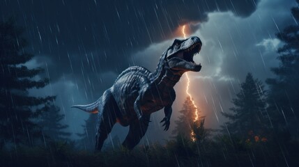 Wall Mural - dinosaur stands in lightning storm in prehistoric environment. photorealistic.